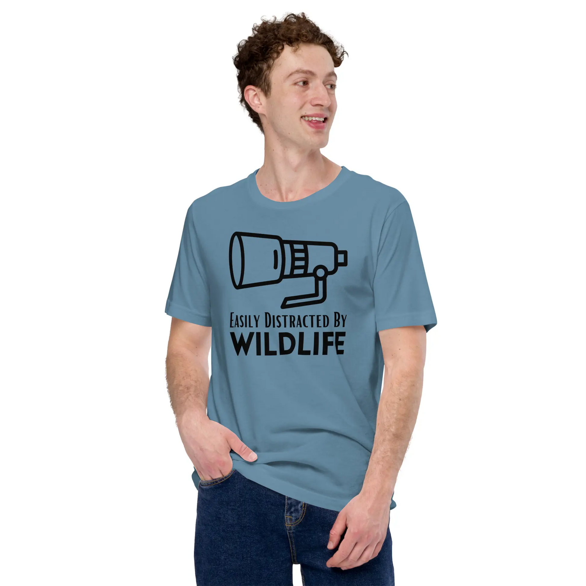 Man wearing blue wildlife photography T-shirt.